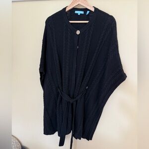 Draper James Black Cable Knit Tie-Waist Poncho